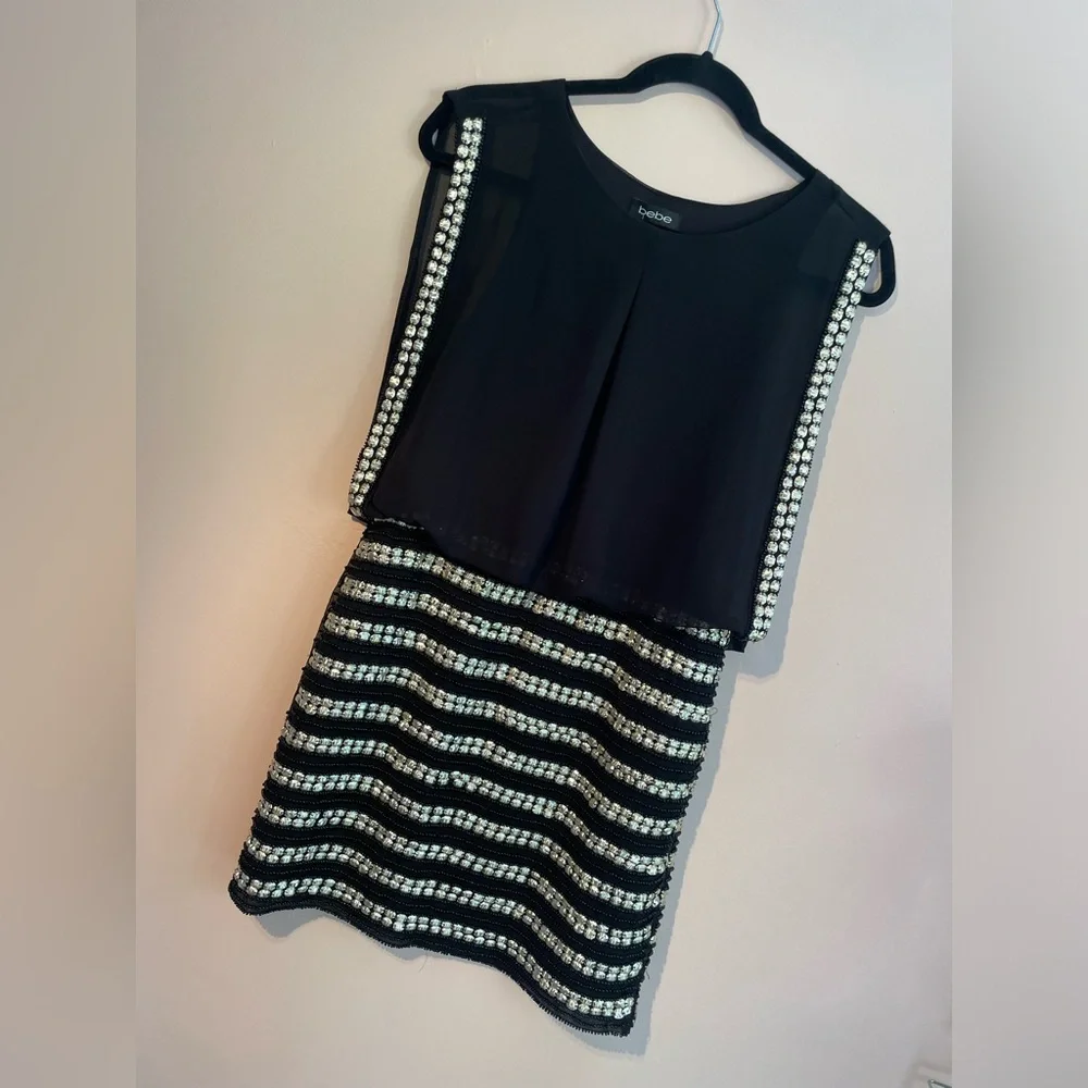 y2k Black & Silver Coin Embellished 'Bebe' Sleeveless Mini Club Dress - Picture 2 of 11